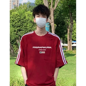 抖音得物高品质二开240克宽松纯棉美式潮牌三条杠织带短袖T恤图片
