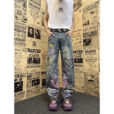 美式复古高街涂鸦牛仔裤男女宽松显瘦直筒阔腿裤N185-P45，男装牛仔裤，星座308B-2