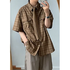 vintage美拉德衬衣宽松格纹设计感短袖工装衬衫男女夏季CS139，男装衬衫，星座1116A（原606A-3）