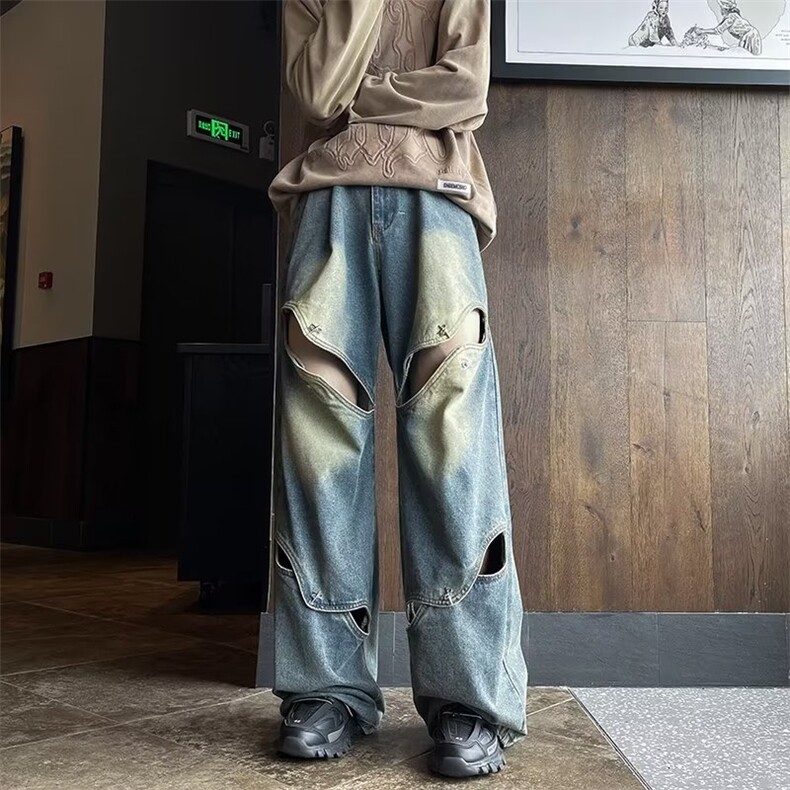 高街拼接毛边不对成重工水洗手擦马骝牛仔裤N0987-P55,男装牛仔裤,星座308B-1