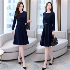 2021冬季新款时尚气质有女人味的拉毛呢料连衣裙，女装连衣裙，魅丽静蓝