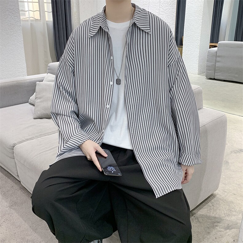 港风宽松休闲条纹百搭潮流长袖衬衫上衣男装D201-DM85-P45,男装衬衫,电商D321-1