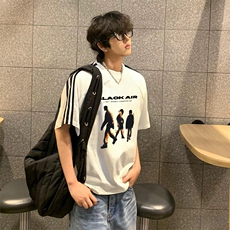 抖音得物高品质二开240克宽松纯棉美式潮牌三条杠织带短袖T恤，男装T恤，电商A486-1