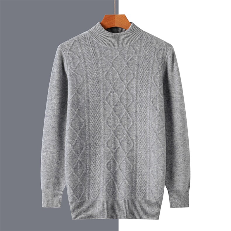 2024秋冬新款羊毛男士加厚半高领绞花羊毛衫男装，男装羊毛衫，国旺羊绒