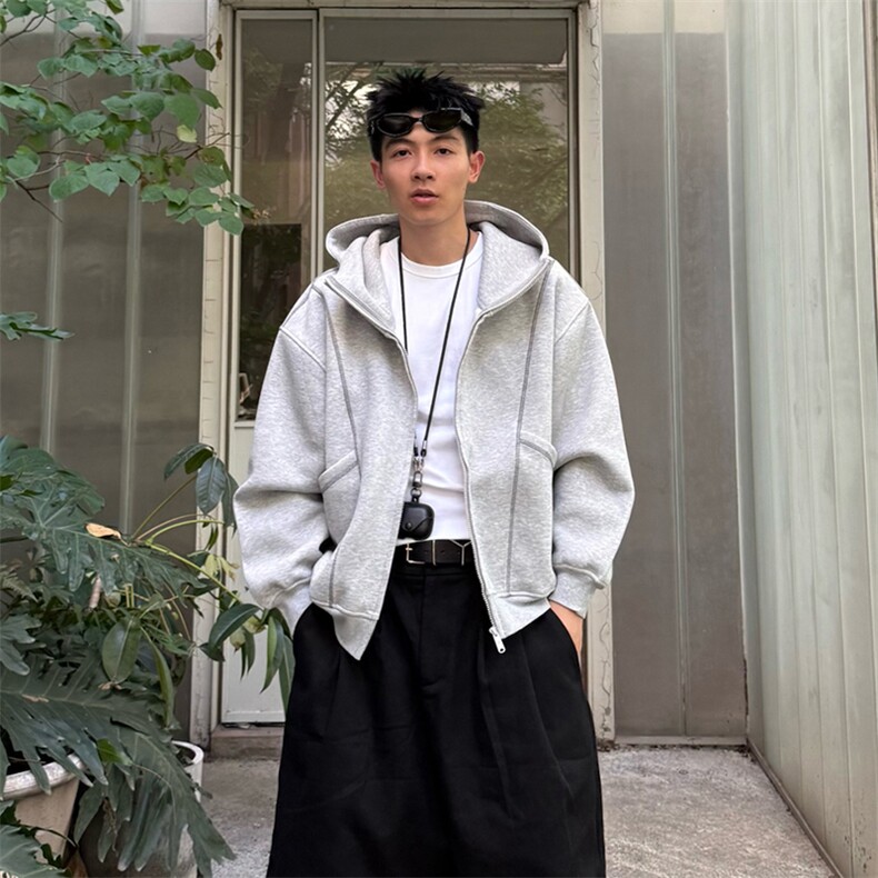 抖音得物高品质秋冬美式高街重磅结构辑明线纹理连帽卫衣外套W111,男装卫衣,电商A486