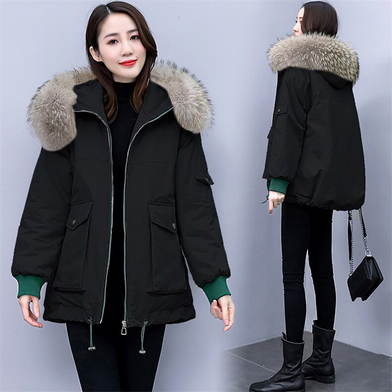 2022冬季新款韩版时尚简约宽松保暖舒适大毛领连帽棉衣，女装棉衣/棉服，三木叶子