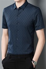 男装短袖衬衫男时尚休闲舒适青中年男士方领免烫抗皱无痕纯色图片