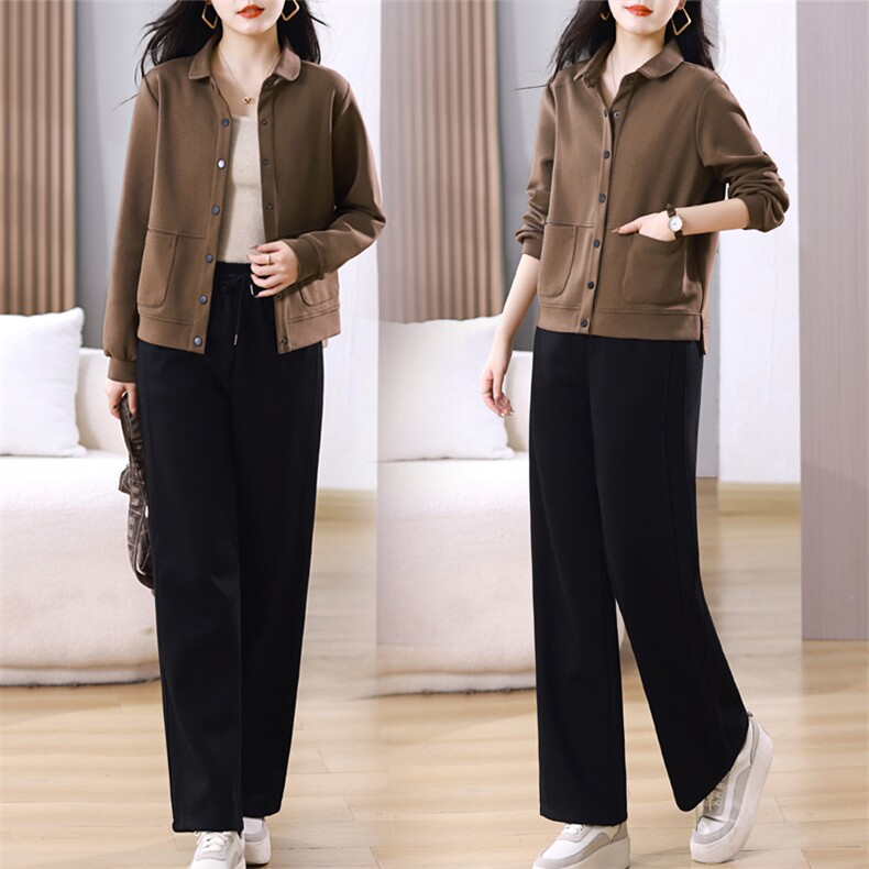 时尚两件套装女春秋新款休闲宽松卫衣多扣开衫直筒裤中老年妈妈装，女装套装/套裙，璐依舞