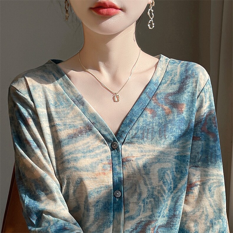 v领新款针织女长袖花色简约百搭宽松开衫上衣,针织衫/毛衣,绒宛羊绒