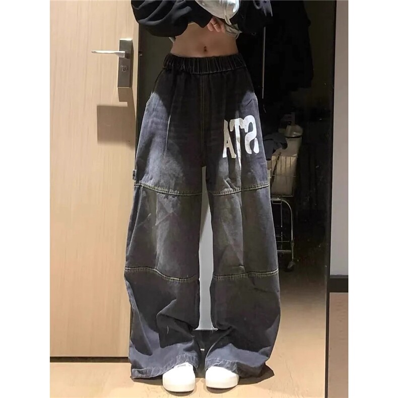 美式复古字母印花牛仔裤男女秋季新款高街松紧腰阔腿直筒裤NZX54图片