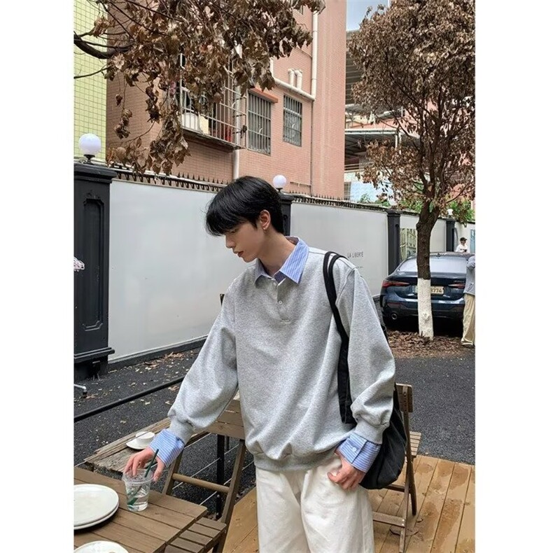 假两件衬衫领卫衣男款秋冬小众设计感宽松拼接学院风加绒polo领图片