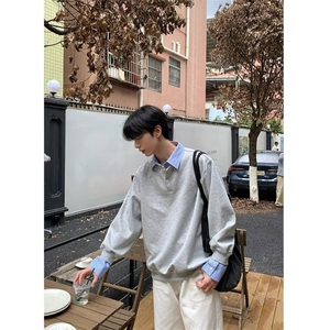 假两件衬衫领卫衣男款秋冬小众设计感宽松拼接学院风加绒polo领图片
