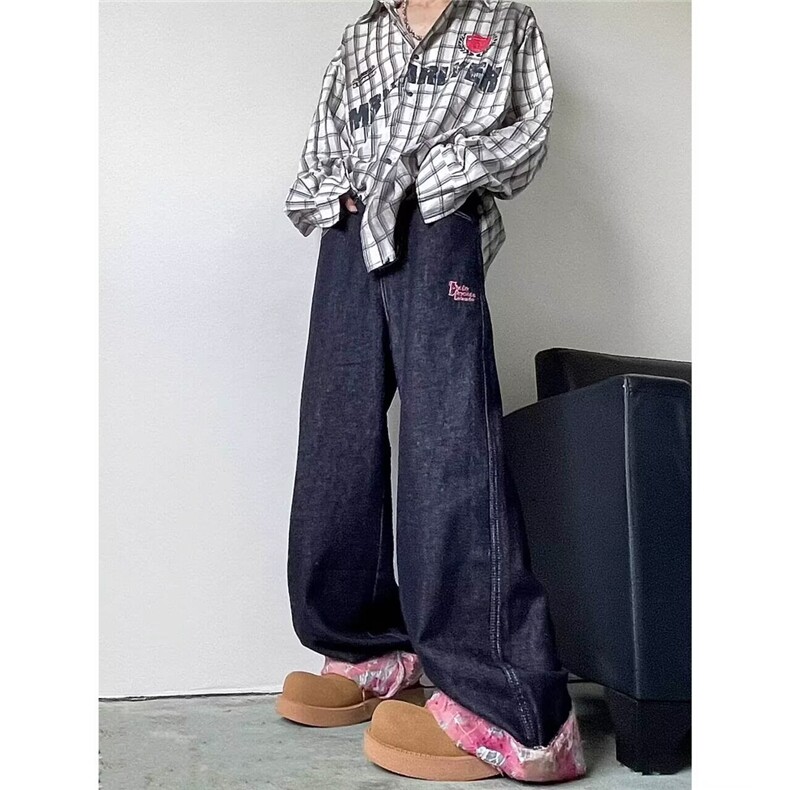 潮小众格子拼接卷边牛仔裤男潮N7787P55,男装牛仔裤,星座1116-2