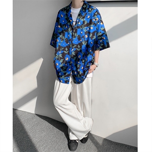 8XL-M 冰丝凉感衬衣垂感透气复古花纹宽松男五分袖短袖衬衫CS526图片