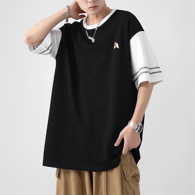 新款美式潮牌休闲圆领袖子拼色潮流青少年男士上衣ZDY3415-P49,男装T恤,星座717