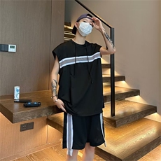 运动套装男无袖T恤条纹拼色帅气2023夏季ins假两件短裤W4846-P49，男装休闲套装，星座412-3