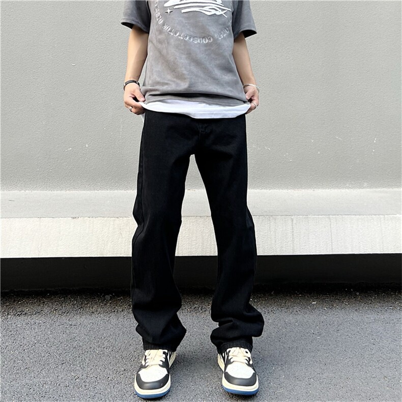 复古黑色微喇牛仔裤男女宽松显瘦潮堆积感长T1631-P35有货，男装牛仔裤，星座302B