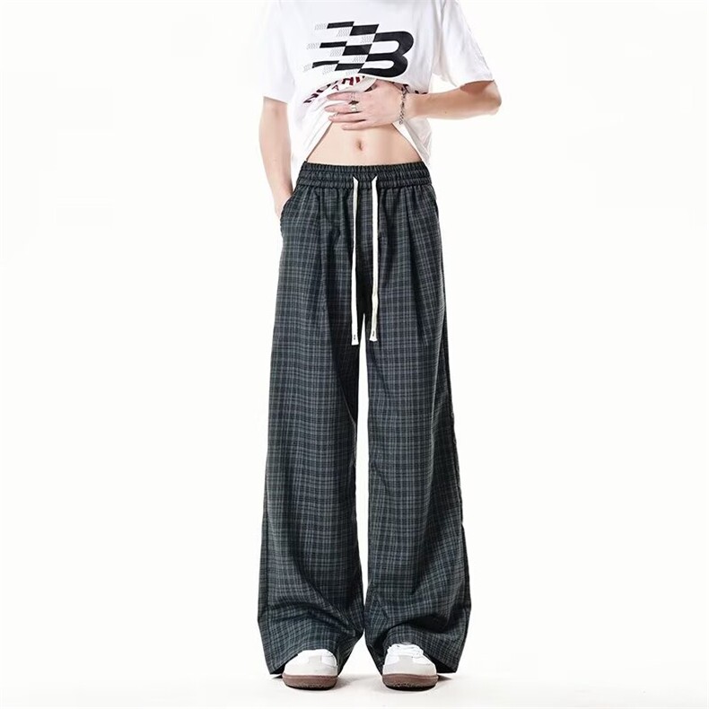 美式复古小格子裤子男女夏季薄款高腰抽绳休闲阔腿裤KA69-P38，男装休闲裤，星座208-5