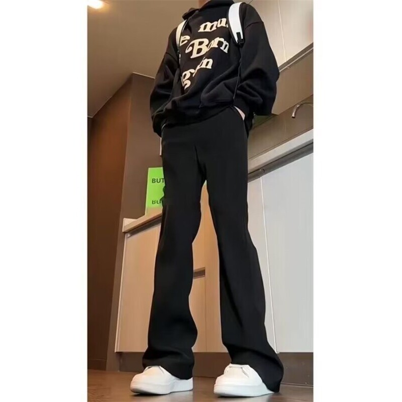 高级设计垂感微喇叭休闲西裤男春秋季直筒宽松坠感阔腿拖地长裤子图片
