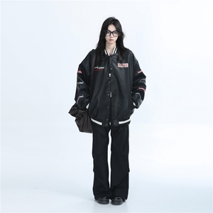 美式复古高街潮牌刺绣拼接撞色夹克外套男女设计感棒球服PU皮衣图片