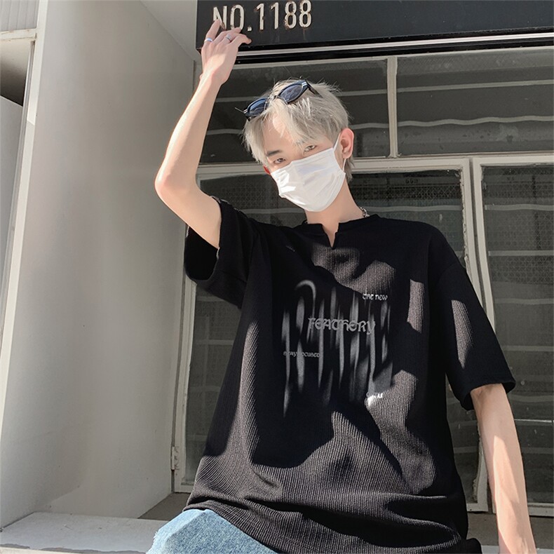 新款抖音直播得物痞帅肌理感V领短袖T7525P25控39,男装T恤,电商C408-1(原B339-1)