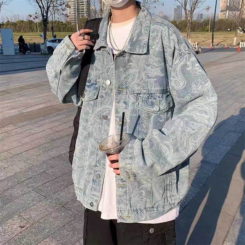 美式腰果花牛仔夹克男春秋潮宽松男装痞帅高级感外套HH364 P60图片