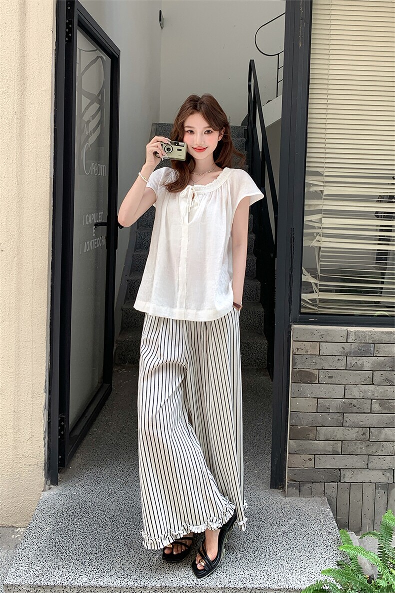 韩系白色短袖条纹阔腿裤女夏2025新款高级感减龄超火绝美两件套,女装套装/套裙,浙宝276（原081）