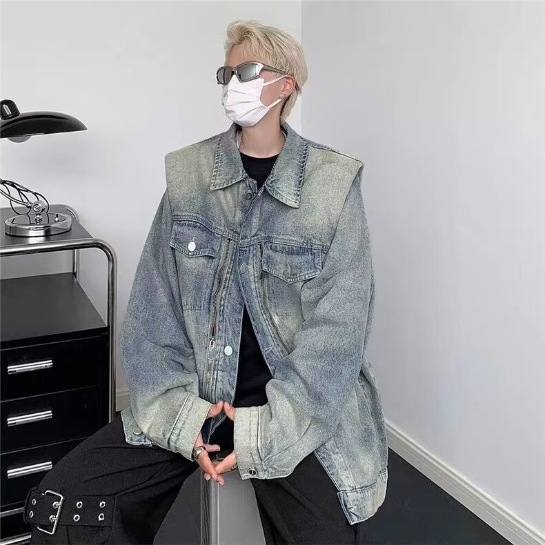 春秋水洗蓝色夹克男女宽松设计感重工做旧垫肩牛仔外套chic潮,男装工装外套,星座516A