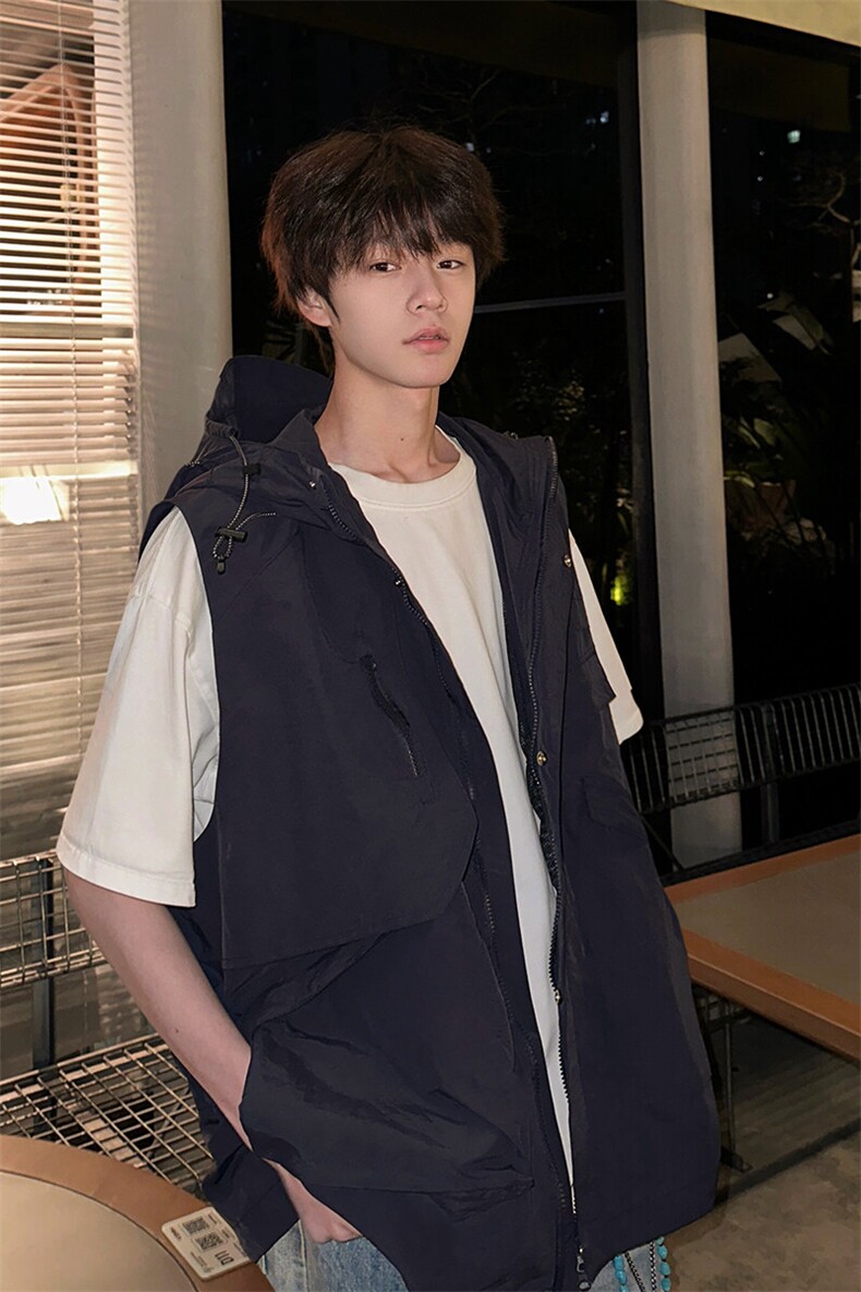 8XL-M四季工装外套街头机能口袋连帽防水无袖马甲坎肩JK1316P78,男装夹克,电商D206-1