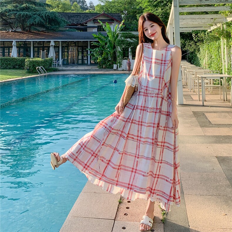 粉色甜美减龄初恋少女浪漫背心长裙夏季新款超好看格子度假连衣裙,女装连衣裙,2C053