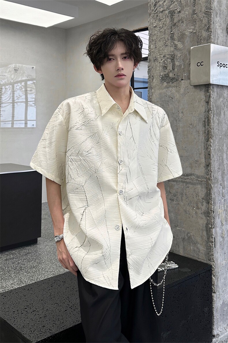 夏季新款短袖衬衫小众解构肌理感黑色裂纹韩版花衬衫打底T恤P50,男装T恤,电商B319