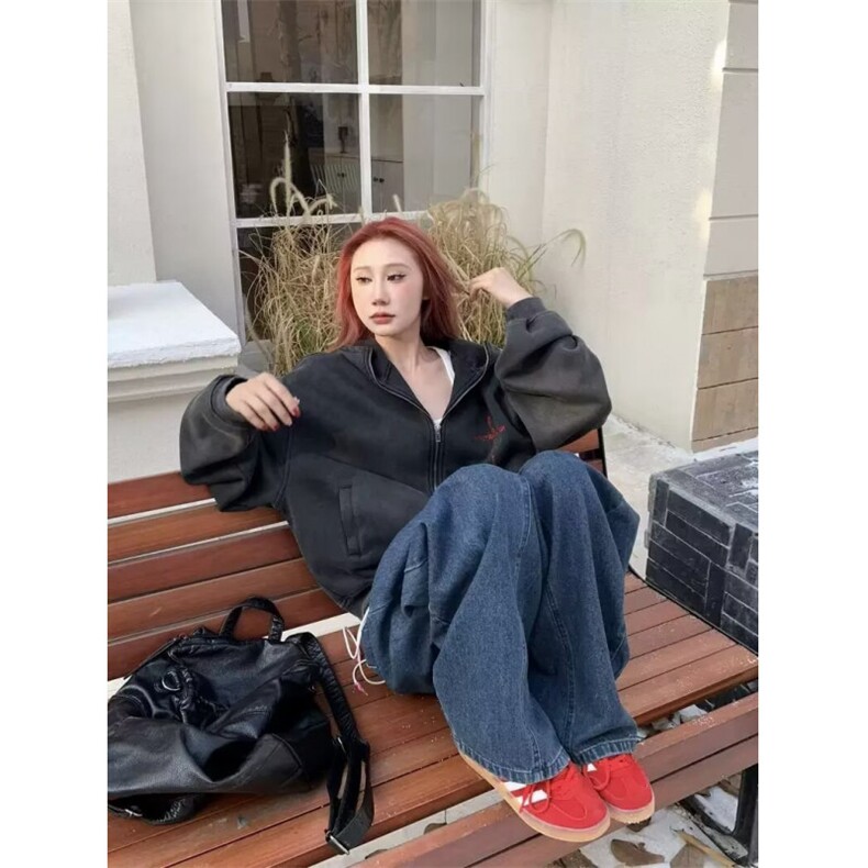 美式重磅街头水洗连帽卫衣男女潮牌秋季新款小恶魔设计感开衫外套,女装短外套,四季星座505