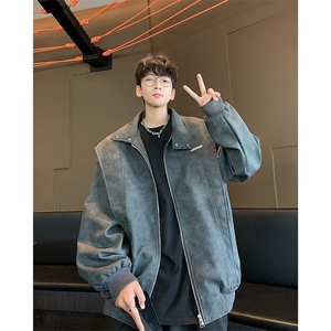 F443 P80美式复古扎染PU皮衣外套男春秋款短款机车服高图片