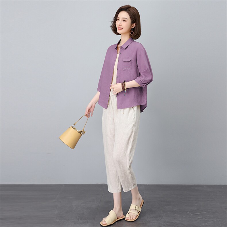 棉麻休闲套装女夏季新款妈妈洋气高端夏装时尚宽松苎麻裤子两件套，女装套装/套裙，涵誉