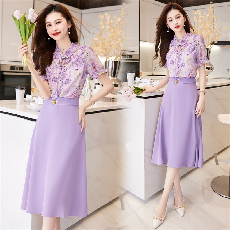 夏装新款时尚名媛连衣裙印花衬衣雪纺小衫搭配A字半身裙两件套裙，女装套装/套裙，时尚俏佳人