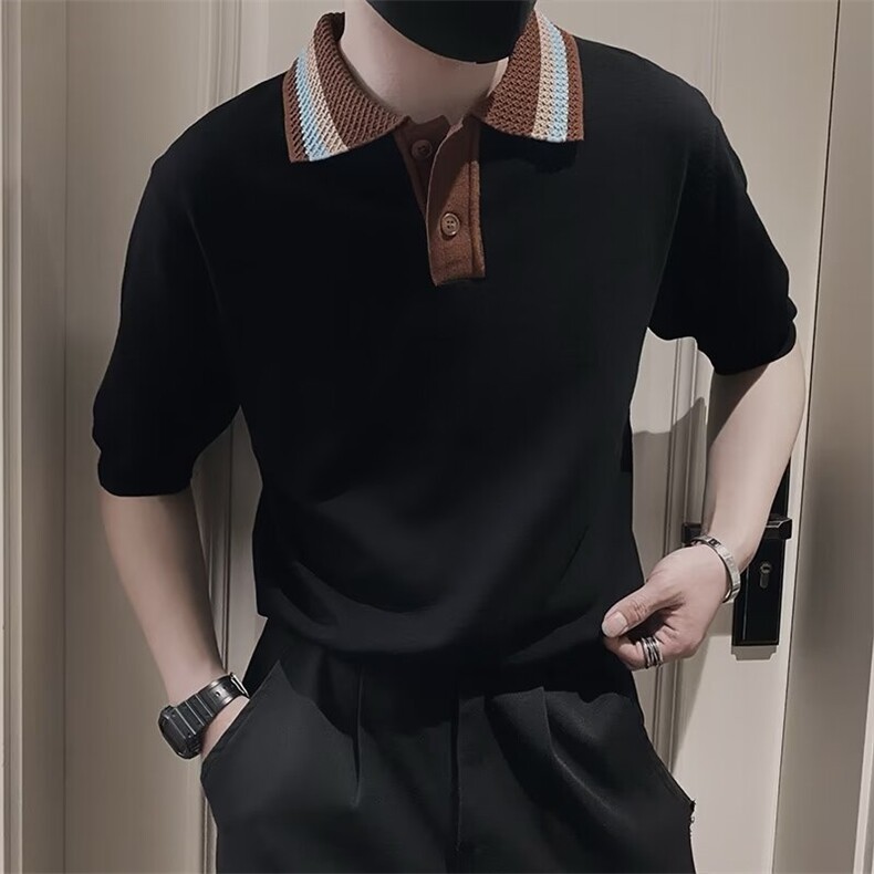 夏季短袖男轻奢休闲高级感翻领撞色薄款针织POLO透气体恤S332,男装T恤,星座1116A-2（原606A-1）