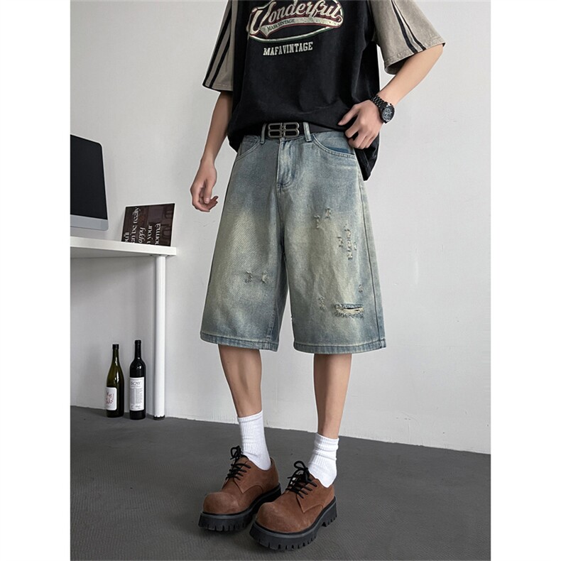 复古破洞牛仔短裤女夏季新款高腰显瘦宽松直筒阔腿裤子DK0265-P43，男装牛仔裤，星座308B-2