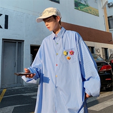 日系复古条纹衬衣男设计感ins秋季潮牌休闲情侣装衬衫W6344-P40，男装衬衫，星座512-2