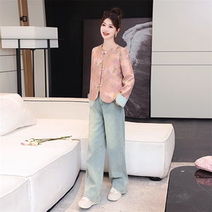新中式国风盘扣外套女2025新款春秋款刺绣提花上衣短款小个子粉色图片