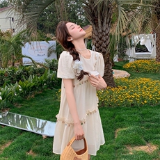法式泡泡袖连衣裙女2025夏季新款小个子超好看独特漂亮拼接长裙子，女装连衣裙，欣美人