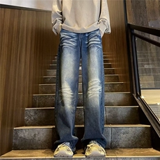 小众水洗做旧牛仔裤男ins褶皱设计直筒高街蓝色长裤子-X8061-p52，男装牛仔裤，星座601-2