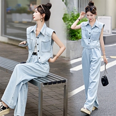 大量现货！！2024新款现货众宇琦牛仔套装夏季无袖牛仔裤两件套，女装套装/套裙，韩宇舍