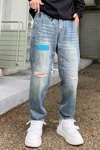 B230档2025秋冬新款破洞撞色补丁刺绣哈伦牛仔裤男9056   P100图片