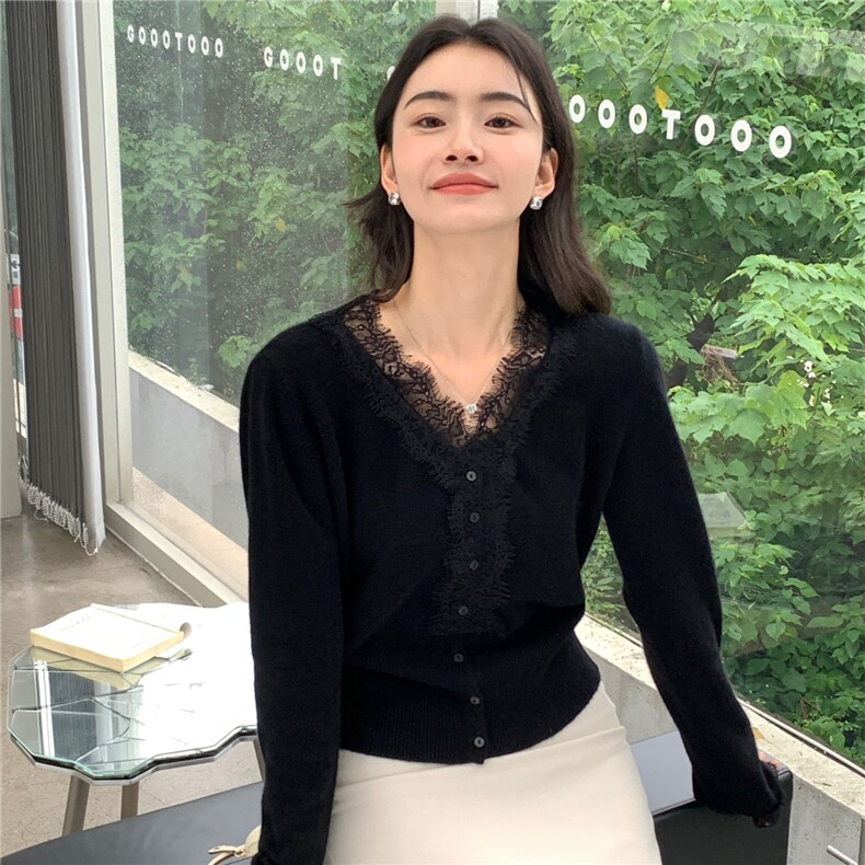 2025舒适百搭简约秋冬v领蕾丝长袖针织羊绒衫,女装羊绒衫,玛卡隆羊绒