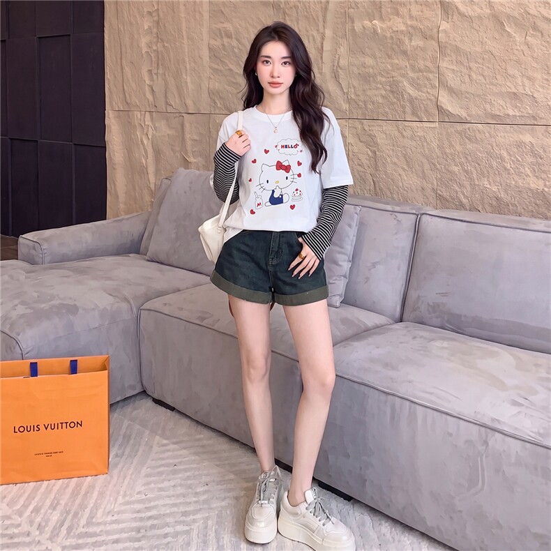 欧货俏皮减龄时尚套装夏季新款圆领卡通印花假两件上衣短裤两件套,女装套装/套裙,江南