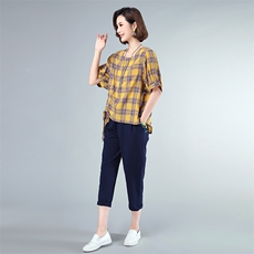 套装/套裙2021年夏季时尚圆领格子休闲裤插袋两件套，女装套装/套裙，独衣靓