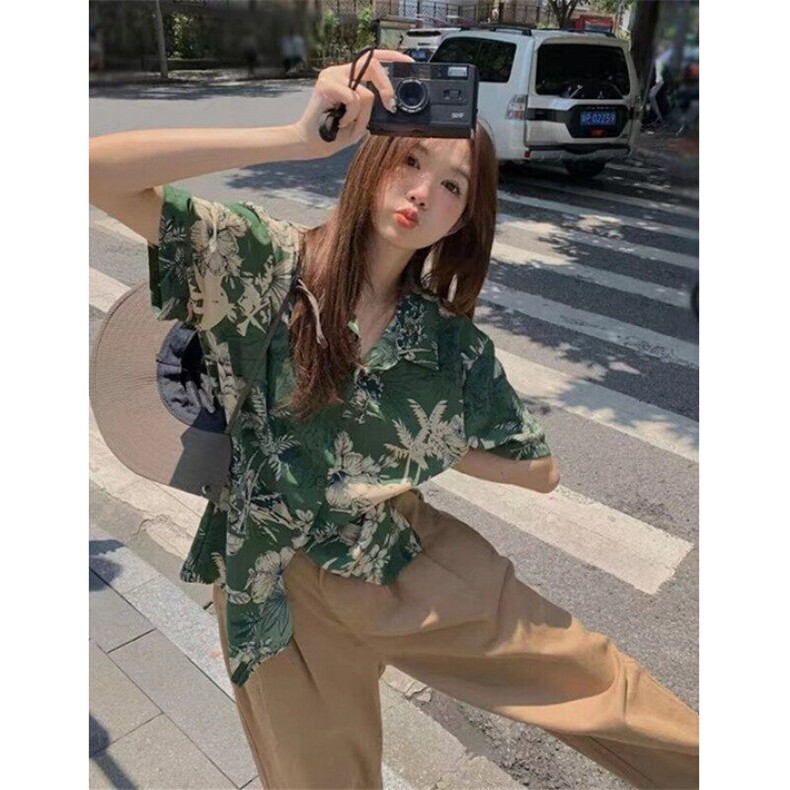 海边度假风绿色碎花短袖衬衫女夏季港味polo领衬衣外套C006,男装T恤,星座1116A（原606A-3）