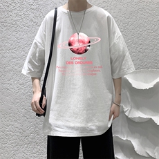 YT26184-P30NASA亚短袖t恤男大码五分袖男宽松七分袖港风模特，男装T恤，电商A040