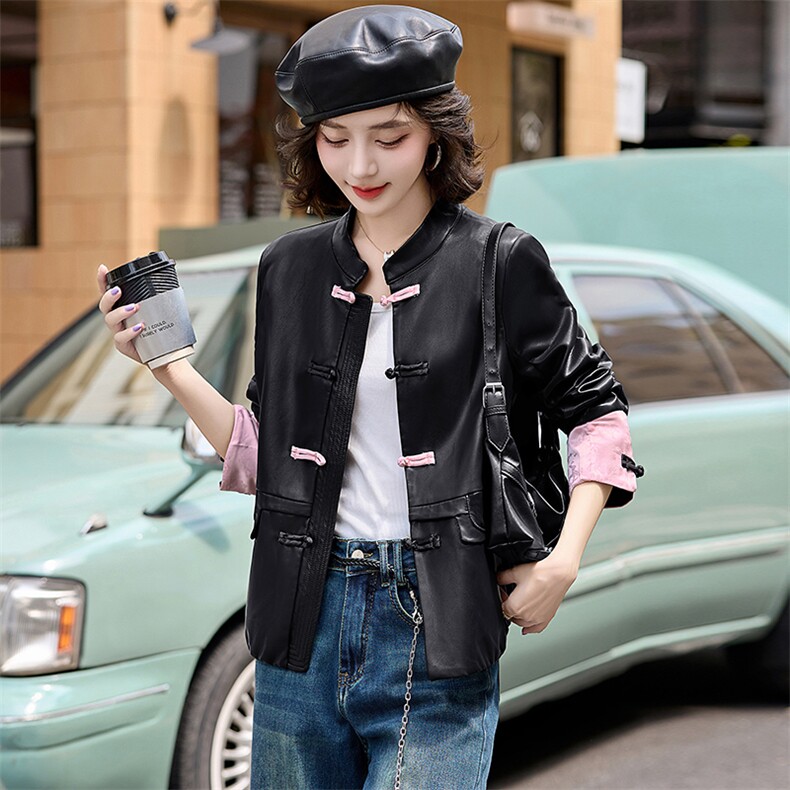 海宁盘扣皮衣外套女2025春季新款复古高级感气质短款黑色上衣服,女装皮衣,江南女神