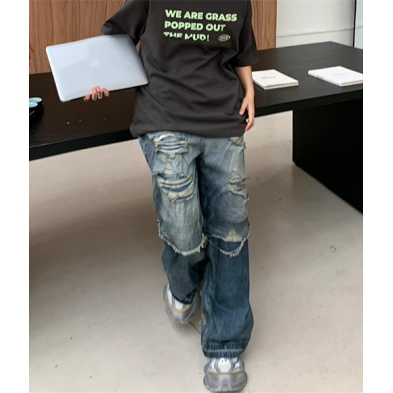 美式复古水洗补丁双层破洞牛仔裤男高街休闲破洞直筒长裤 NB362图片